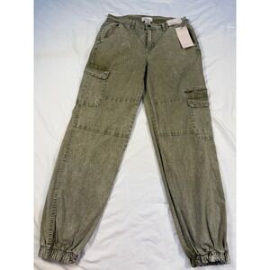If It Were Me Cargo Jogger Pants Olive Green Washed Cotton Spandex Size L NWT‎